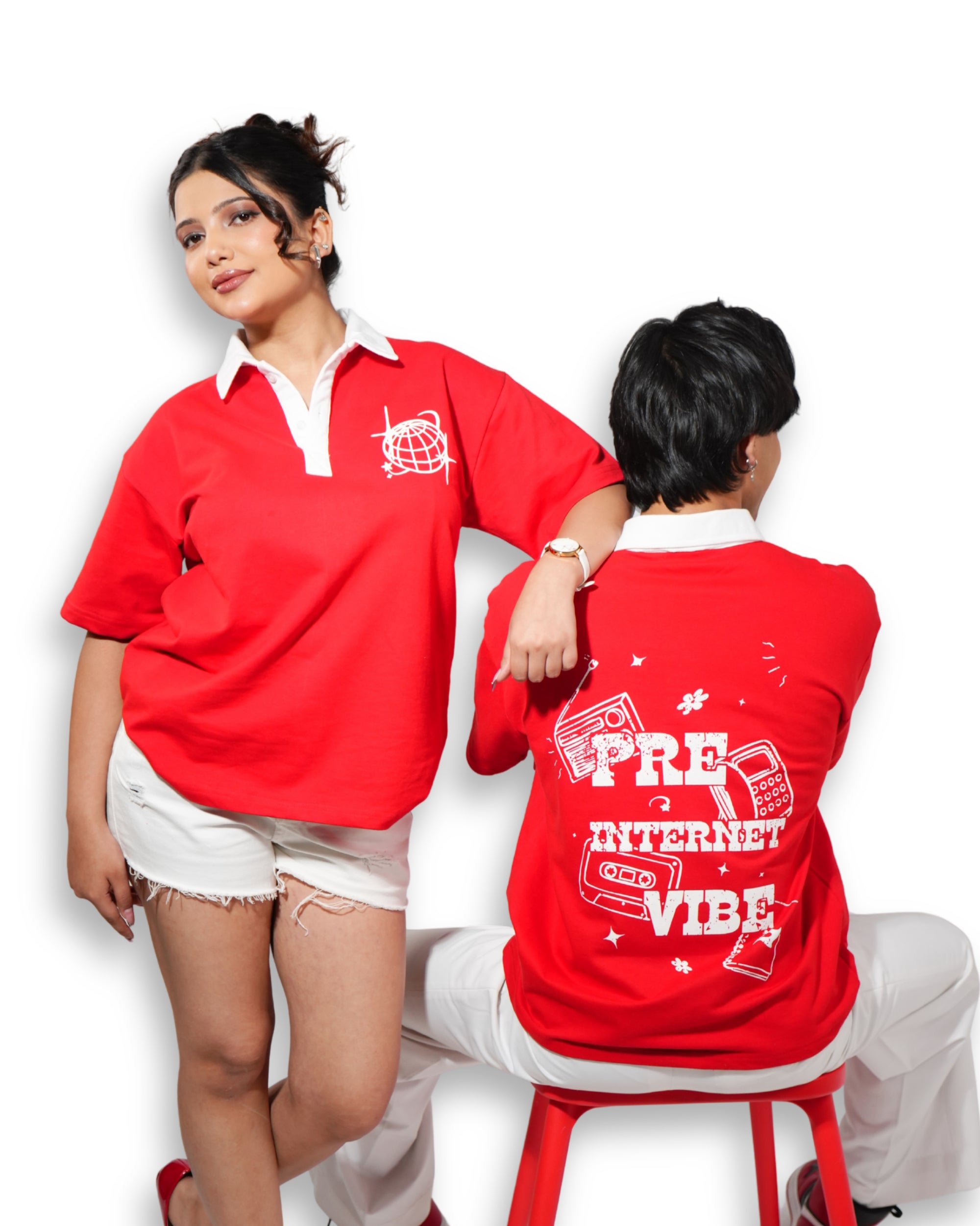 Pre Internet Vibes Edition- Red Unisex Oversized Polo T-Shirt