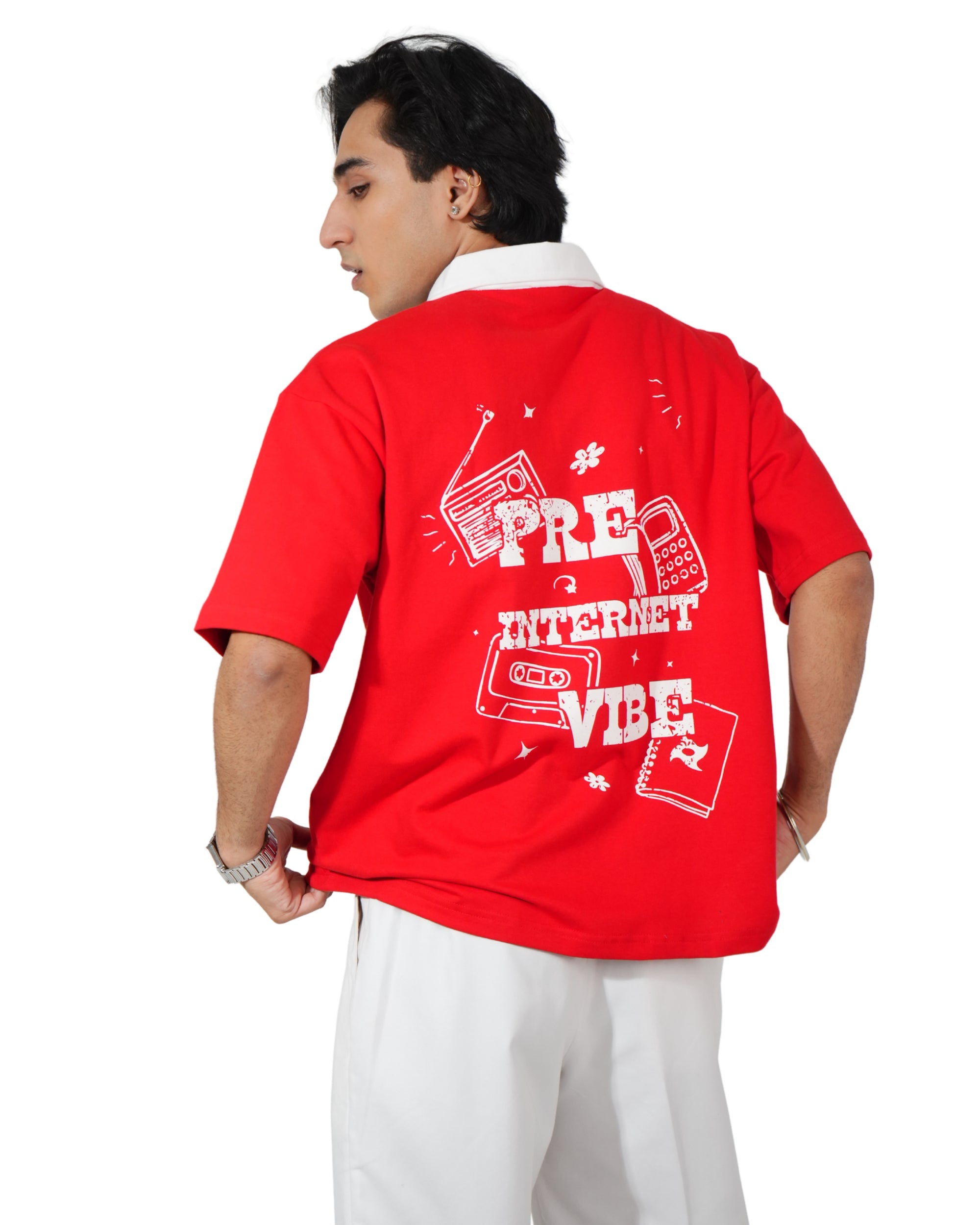 Pre Internet Vibes Edition- Red Unisex Oversized Polo T-Shirt