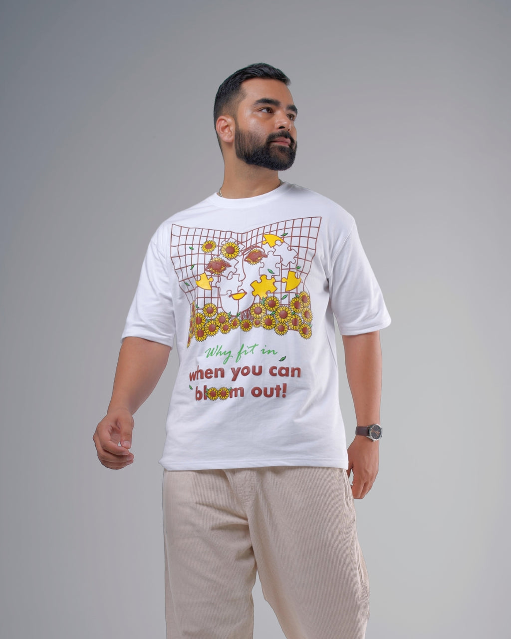 Why Fit In When You Can Bloom Out - White Unisex Oversized T-Shirt