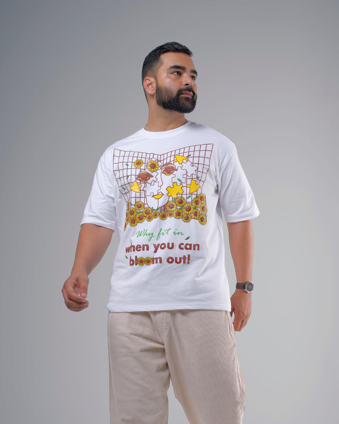 Why Fit In When You Can Bloom Out - White Unisex Oversized T-Shirt