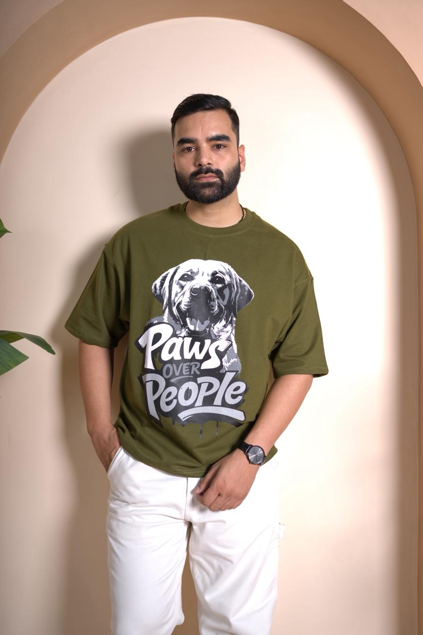 Paws Over People - Olive Green Unisex Oversized T-Shirt