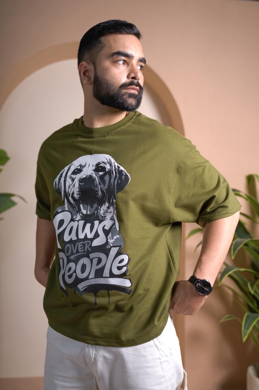 Paws Over People - Olive Green Unisex Oversized T-Shirt
