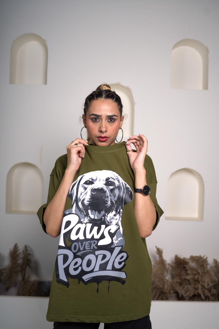 Paws Over People - Olive Green Unisex Oversized T-Shirt